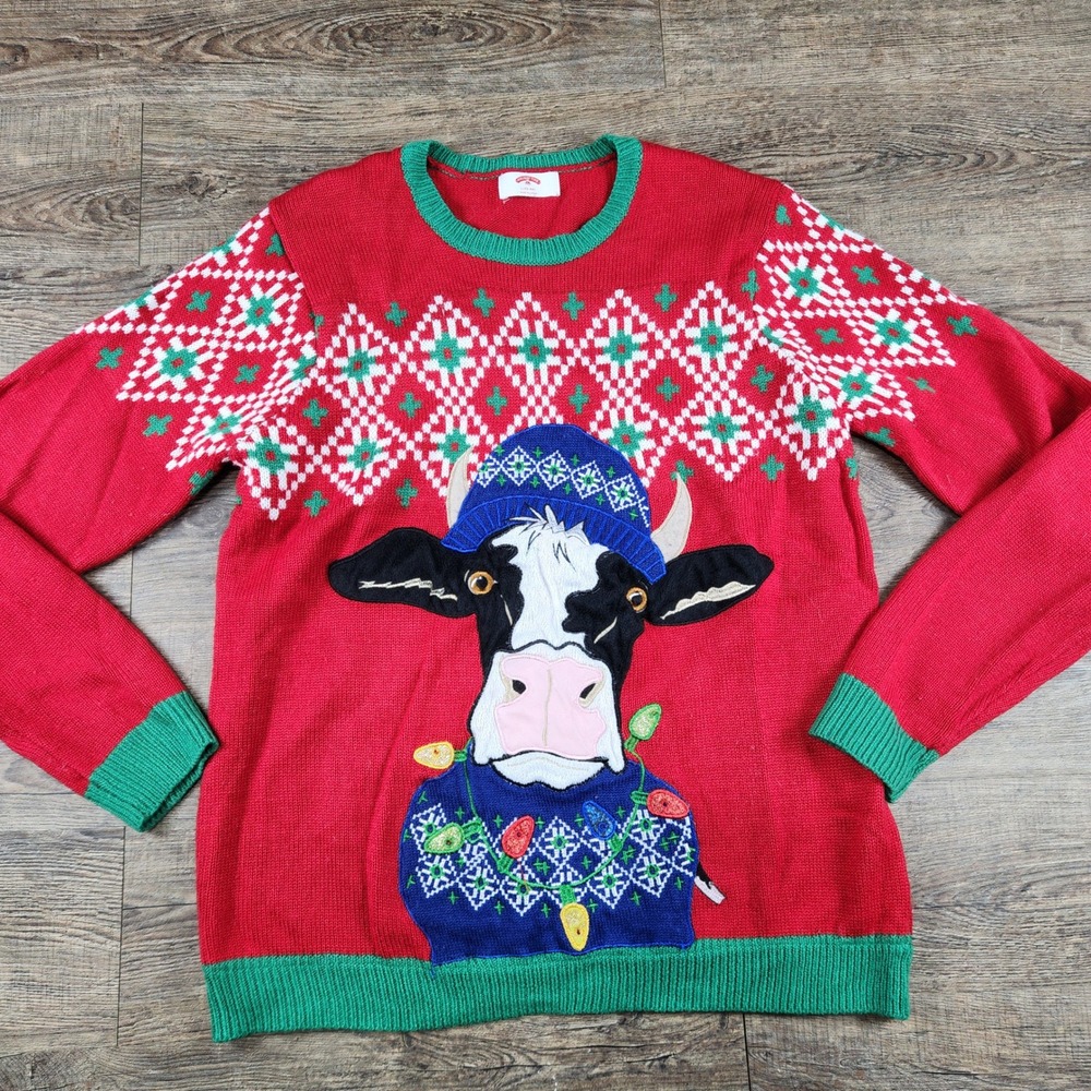 Ugly Christmas Sweater Cow Holiday Time Mens Large 42 44 Womens Unisex